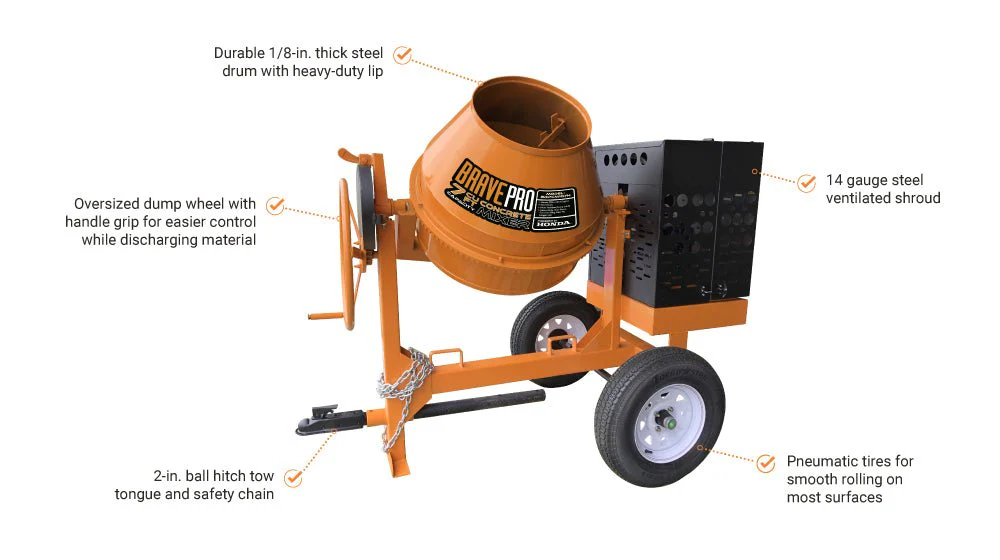 7 Cu Ft Concrete Mixer | Brave | Steel Drum | Honda Gas | Towable - Image 3