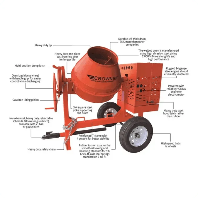 6 Cu Ft Concrete Mixer | Crown | Steel Drum | Baldor Electric | Towable - Image 3
