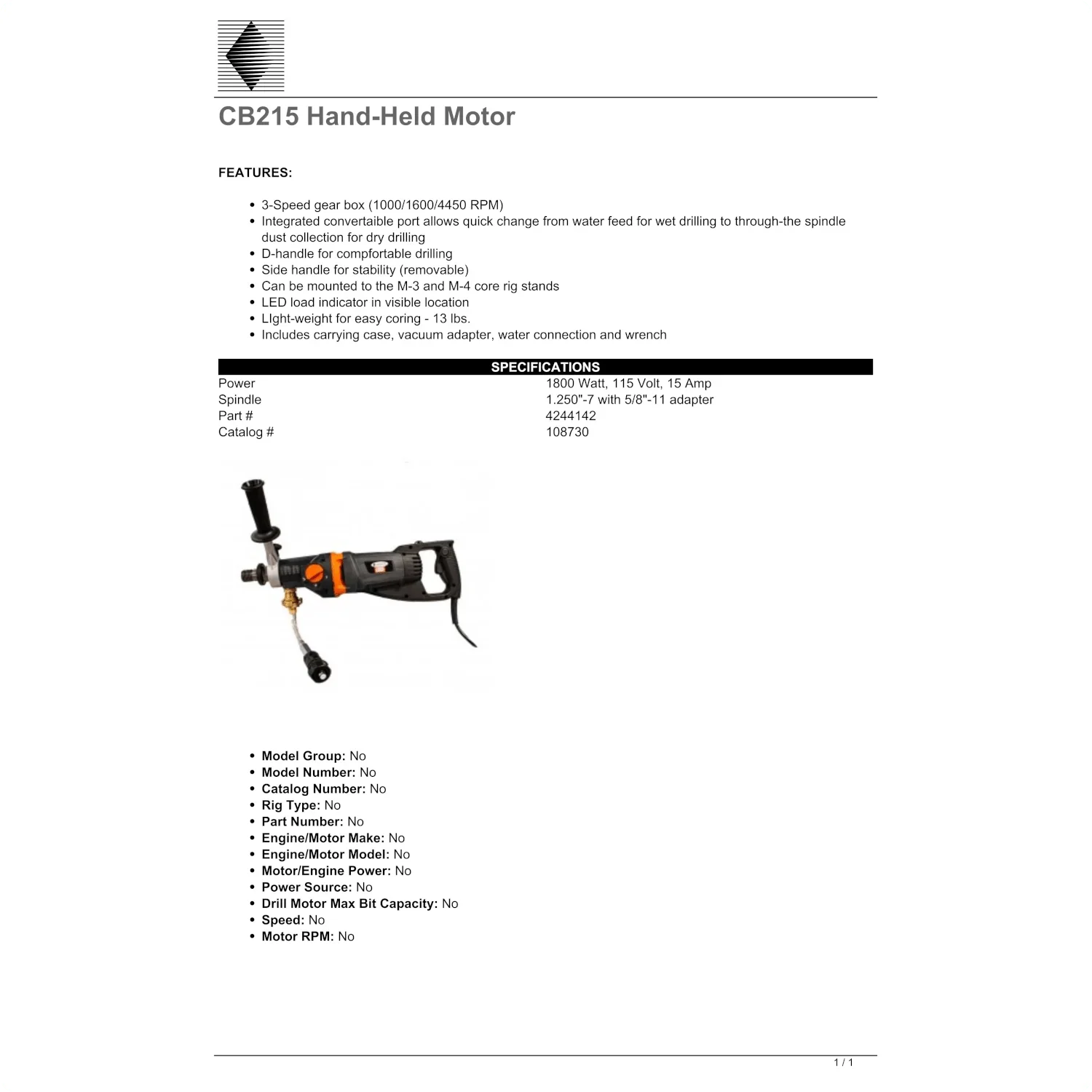 Core Bore Drill CB215 3"-6" - 15 AMP|1PH|115V - Hand-Held - Image 4