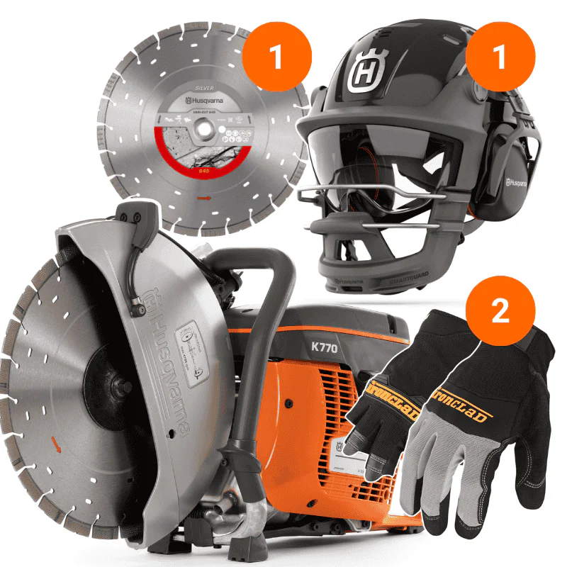 Husqvarna K770 Power Cutter 14" Bundle w/ Vari-Cut S45 Blade, Smartguard PE10H Helmet & 2 Pairs Ironclad Gloves - Save $500!