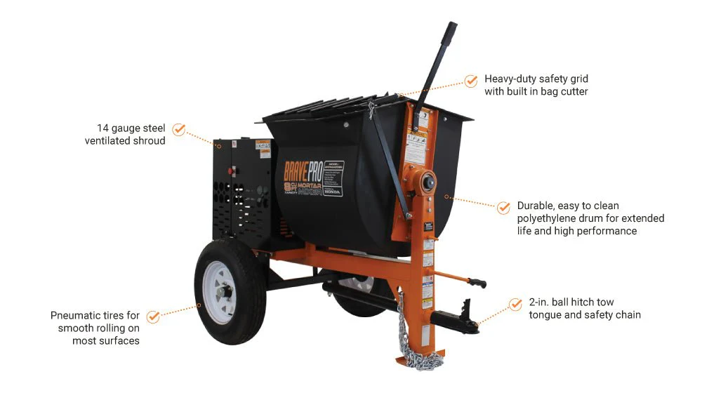 Brave Mortar Mixer | 8 Cu. Ft. Poly Drum | Honda GX239 Gas - Image 15
