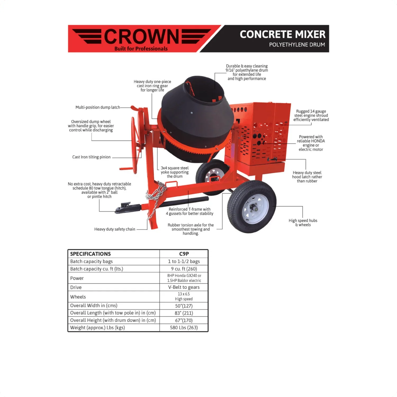 9 Cu Ft Cement Mixer | Crown | Poly Drum | Honda Gas | Towable - Image 4